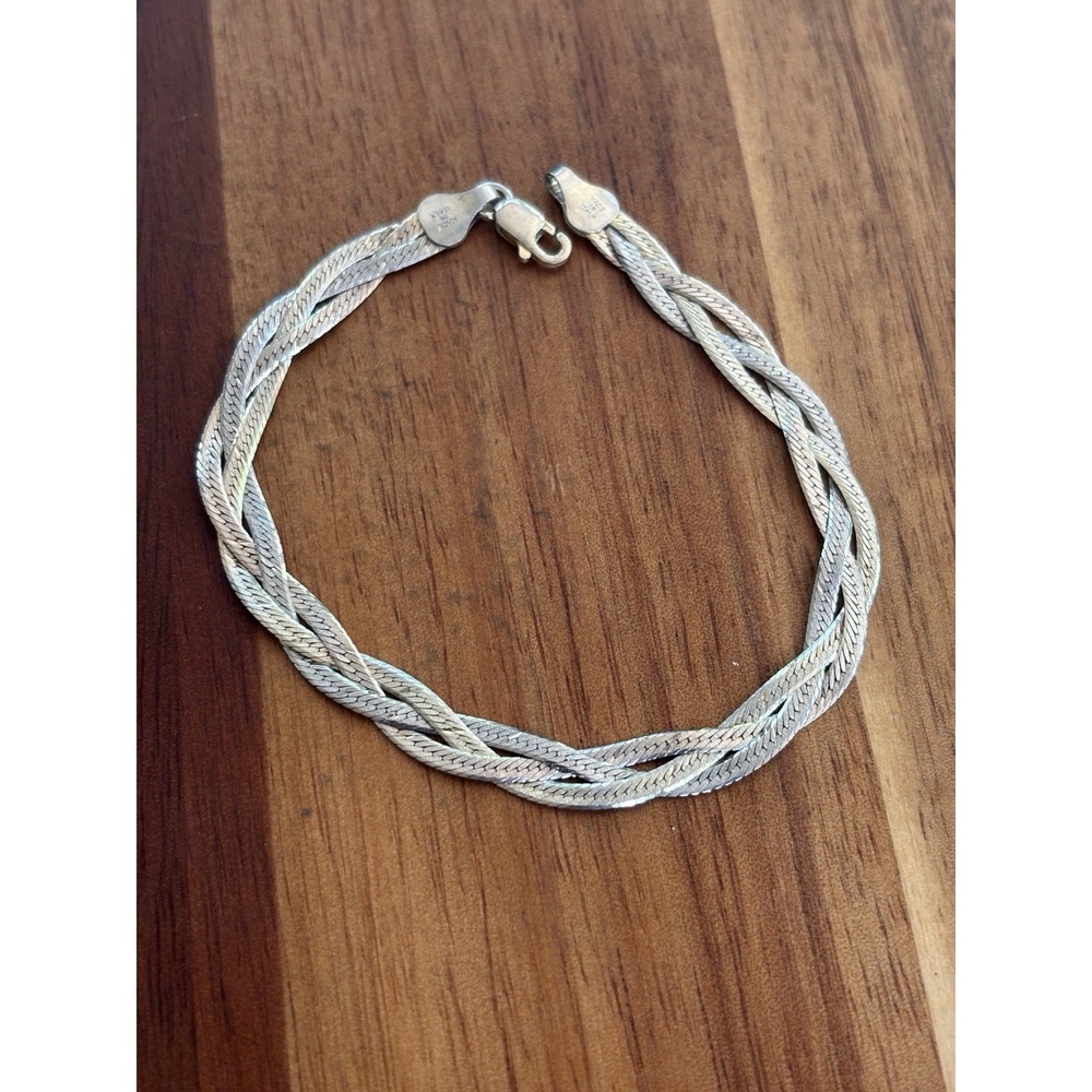VTG Italy 925 Sterling Silver Triple Braided Herringbone Bracelet 4.6 Grams 7.5"